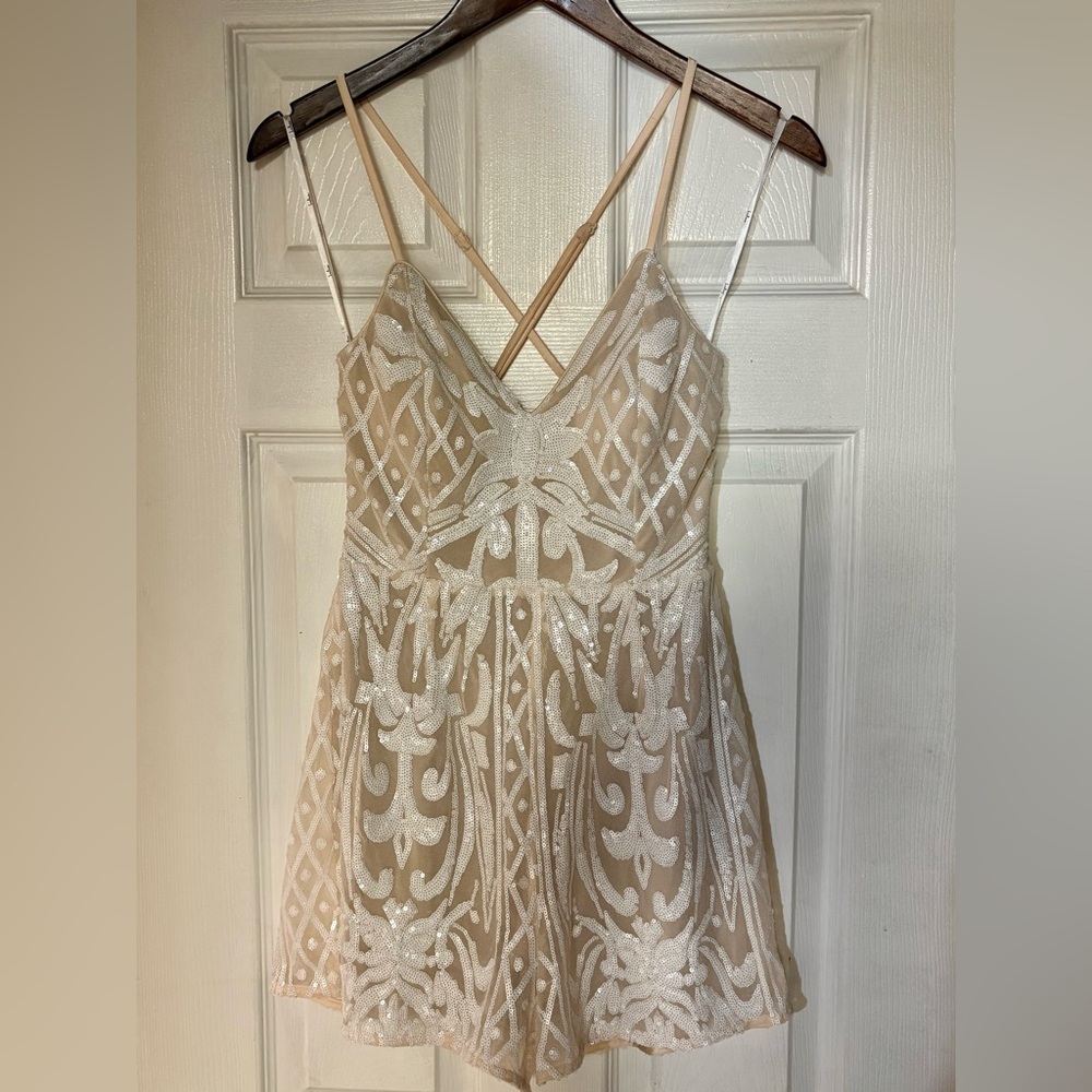 Lulus White & Beige Small Sequin Romper - Like New/Worn Once